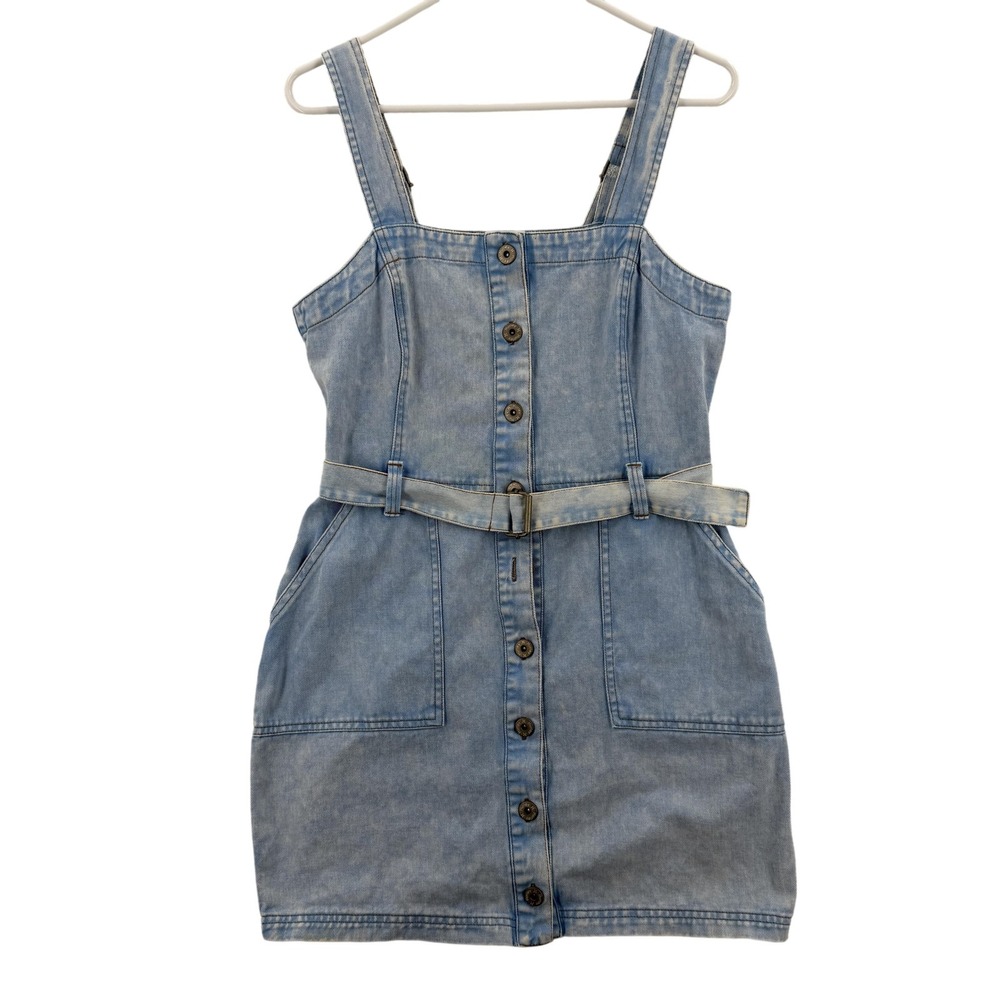 Hurley Denim Overall Dress Womens Medium Light Blue Button Front‎ Belted Pockets